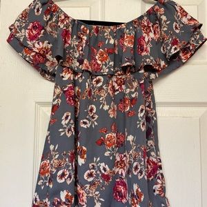 Womens size medium grey and floral off shoulder ruffle top